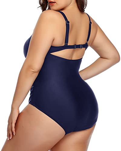 High-Waisted Tummy Control Monokini Swimsuits For Plus Size Women-Navy Blue