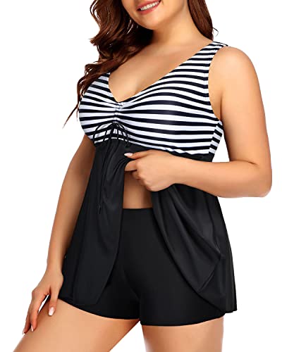 Flowy V-Neck Tankini Swimsuit For Plus Size Women-Black And White Stripe