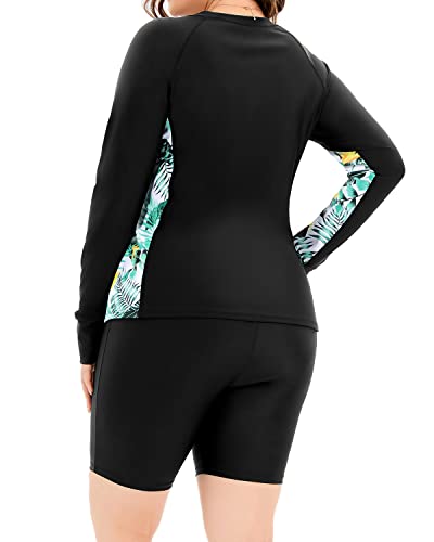 Plus Size Sun Protection Rash Guard And Shorts Set For Women-Black Leaf