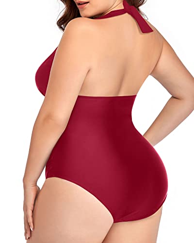 Non-Wired Padded Halter One Piece Swimwear For Women-Red