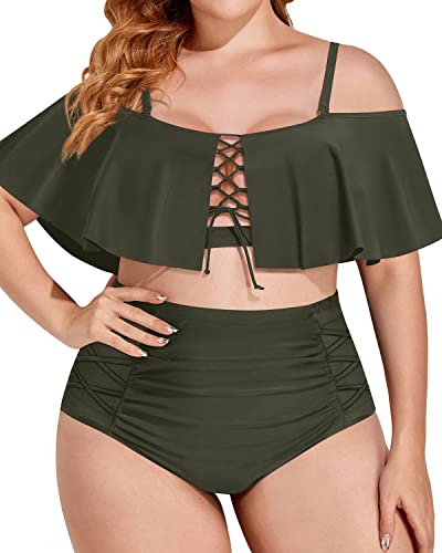 Two Piece Lace Up Flounce High Waisted Plus Size Bikini Sets-Army Green