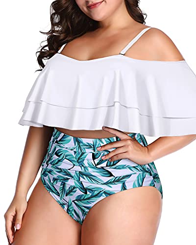 Flattering Off Shoulder Bikini High Waisted Bottom For Plus Size-White Leaf