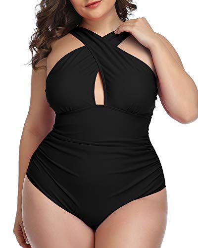 Sexy Tummy Control Front Cross Swimsuits For Women-Black