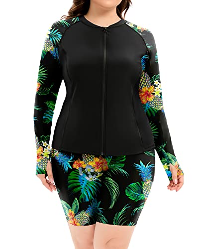 Women's Plus Size Uv Protection Rash Guard Swimsuit Zipper-Black Pineapple