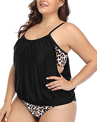 Women's Double Up Tummy Control Plus Size Tankini Swimsuits-Black Leopard