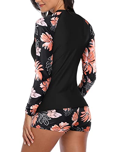 Long Sleeve Bathing Suit Two Piece Rash Guard Women-Black Floral