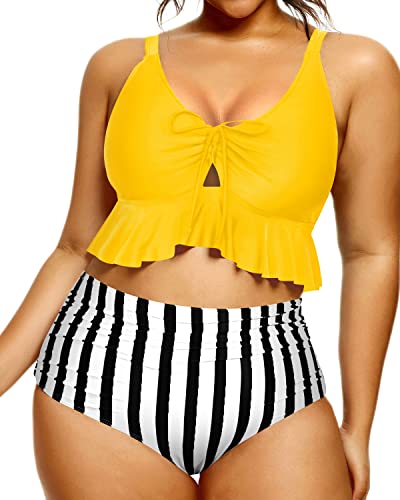 Stylish Ruched High Waisted Bikini Set For Curvy Women-Yellow And Stripe