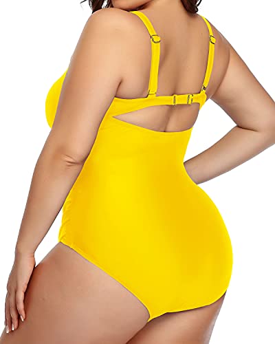 Fashionable Drawstring Cutout Large Size Swimwear-Neon Yellow