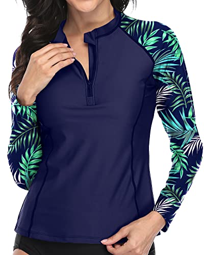 Half Zip Front Crew Neck Long Sleeve Rashguard Sun Protection Swim Top-Blue Green Leaves