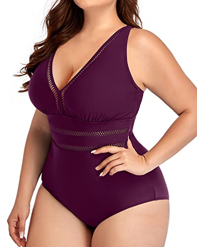 Elegant Plus Size Hollow Out V Neck Swimsuit-Maroon