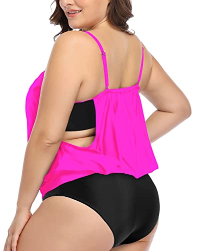 Double Layer Tummy Control Tankini Plus Size Sporty 2 Piece Tankini-Neon Pink