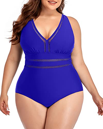 Elegant Padded Push Up One Piece Plus Size Bathing Suit-Royal Blue