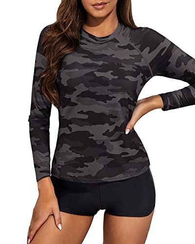 Women's Long Sleeve Two Piece Rash Guard And Boyshort Swimsuit Set-Black Camouflage