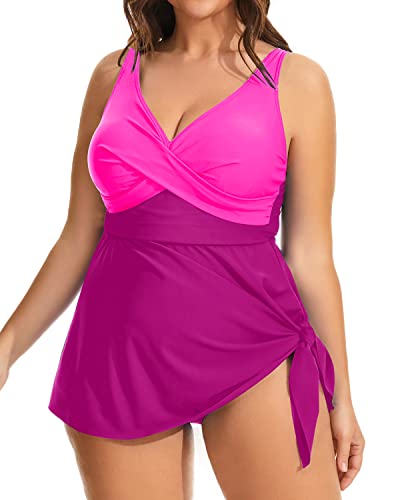 Plus Size One Piece Bathing Suit Tummy Control Shorts-Phosphor And Dark Pink