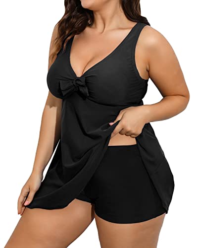 Flowy Plus Size Swim Dress Tummy Control Boyshorts-Black