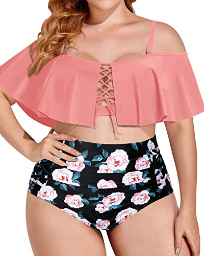 Ruched Off Shoulder High Waisted Plus Size Bikini-Coral Pink Floral