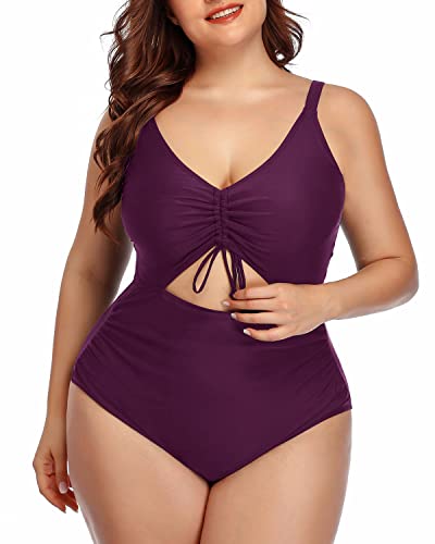 Plus Size High Waisted V Neck Monokini For Curvy Women-Maroon