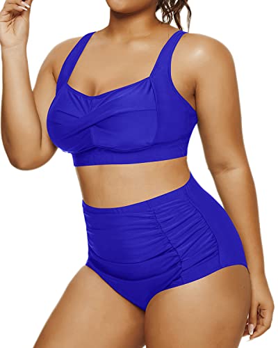 Flattering High Waisted Two Piece Swimsuit Open Back Retro Bikini-Royal Blue