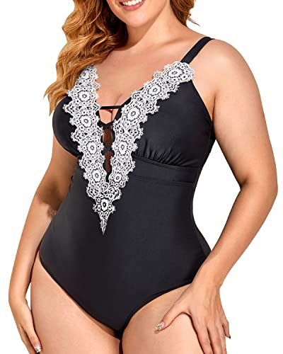 Crochet Trim Tummy Control Plus Size One Piece Swimsuits For Women-Black