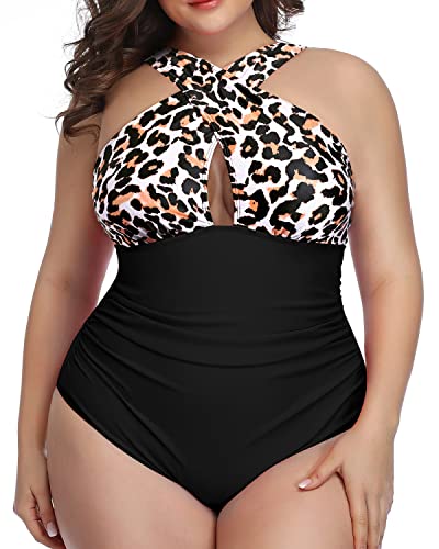 High Waisted Front Cross Swimsuit Slimming Effect-Black And Leopard