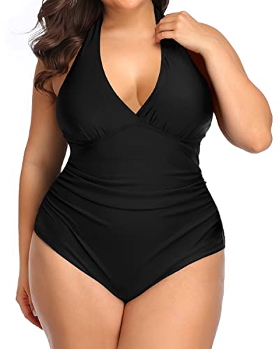 Ruched Tummy Control V Neck Plus Size One Piece Swimsuits-Black