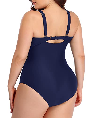 Women's Vintage High Neck One Piece Swimsuits Plus Size-Navy Blue