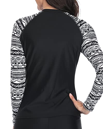 Uv Protection Long Sleeve Rashguard Top For Women-Black And White Snake Print