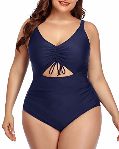 High-Waisted Tummy Control Monokini Swimsuits For Plus Size Women-Navy Blue