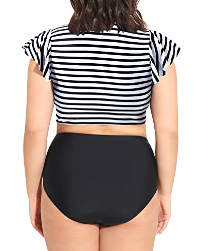 Ruffled Sleeve Two Piece Swimsuits Plus Size High Waisted Bikini-Black And White Stripe