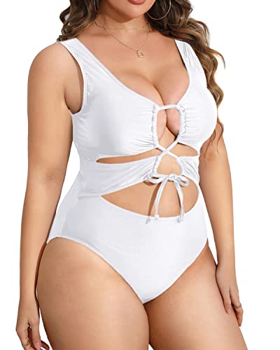 Women High Waisted Plus Size Cutout One Piece Swimwear For Women-White