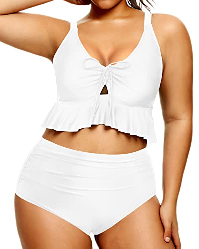 Tummy Control High Waisted Bikini Set Plus Size Bathing Suit-White