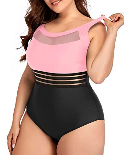 Sexy Mesh High Neck Plus Size One Piece Swimwear For Women-Pink And Black