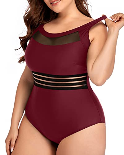 Modest High Neck Mesh One Piece Bathing Suits For Women Plus Size-Maroon