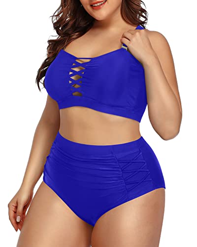 Attractive Hollow Out Ruched Tummy Control Bikini For Plus Size Women-Royal Blue