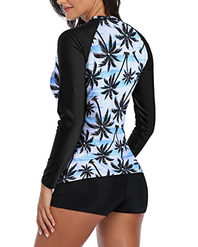 Women's Uv Block Rash Guard Swim Shirt And Shorts Set-Black Palm Tree