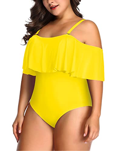 Stylish Flounce Top Tummy Control One Piece Swimwear-Neon Yellow