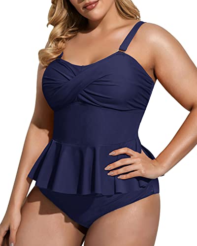 Strapless Bandeau Peplum Tankini High Waisted Tummy Control Bottom Plus Size Swimsuit-Navy Blue