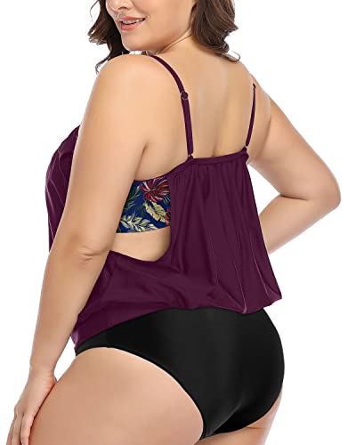 Adjustable Straps Padded Bra Tankini Swimsuits Shorts Plus Size-Wine Red Leaves