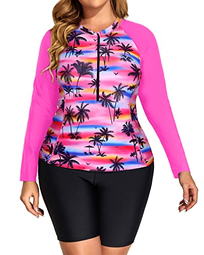 Protective Boyshorts Swimwear 2 Piece Plus Size Long Sleeve Rash Guard-Pink Palm