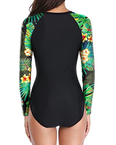 Zipper Front One Piece Rash Guard Swimsuit For Women-Tropical Leaf