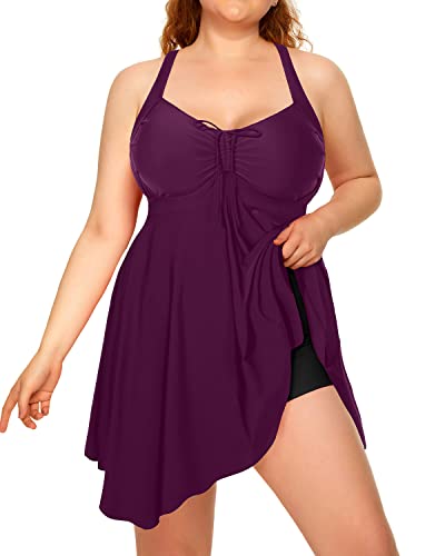 Adjustable Drawstring Plus Size Flowy Tankini Swimsuits For Women-Maroon