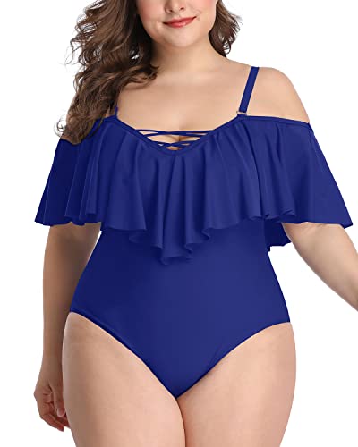 Modest Coverage Off Shoulder Plus Size Swimsuits For Curvy Women-Blue