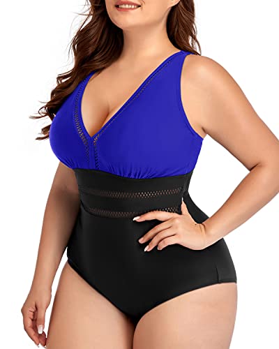 Cheeky Hollow Out Bathing Suits For Plus Size Women-Royal Blue And Black