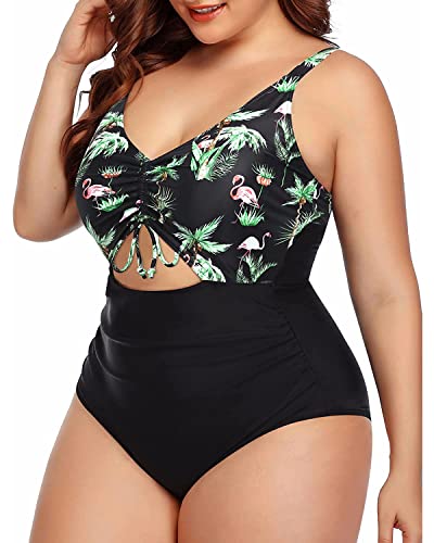 Ruched Tummy Control Large Size Swimwear-Black Palm Tree