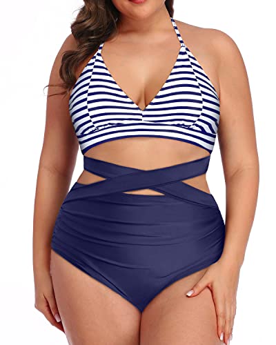 Two Piece Tummy Slimming Knotted High Waisted Plus Size Bikini Set-Blue White Stripe