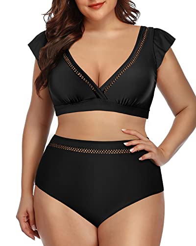 Ruffled Sleeve Bikini Top And High Waisted Bottom Two Piece Swimsuits For Women-Black