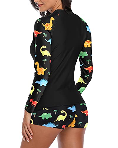 Women's Boyshort Swimsuit Set Rash Guard Top-Colorful Dinosaur