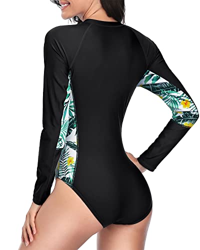 Women's One Piece Swimsuit Built-In Bra And Zipper Rash Guard-Black Leaf