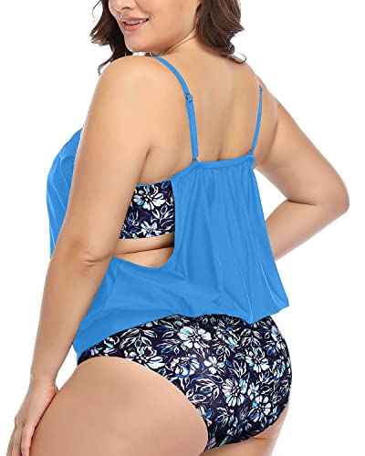 Mom Belly Hiding Tankini Swimsuits Shorts Plus Size-Blue Flower On Black