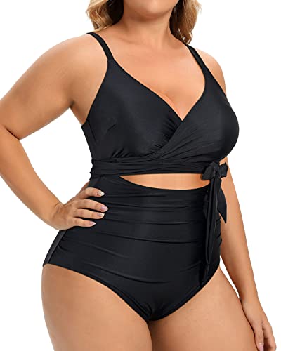 Adjustable Spaghetti Straps Backless Plus Size One Piece Swimsuits-Black